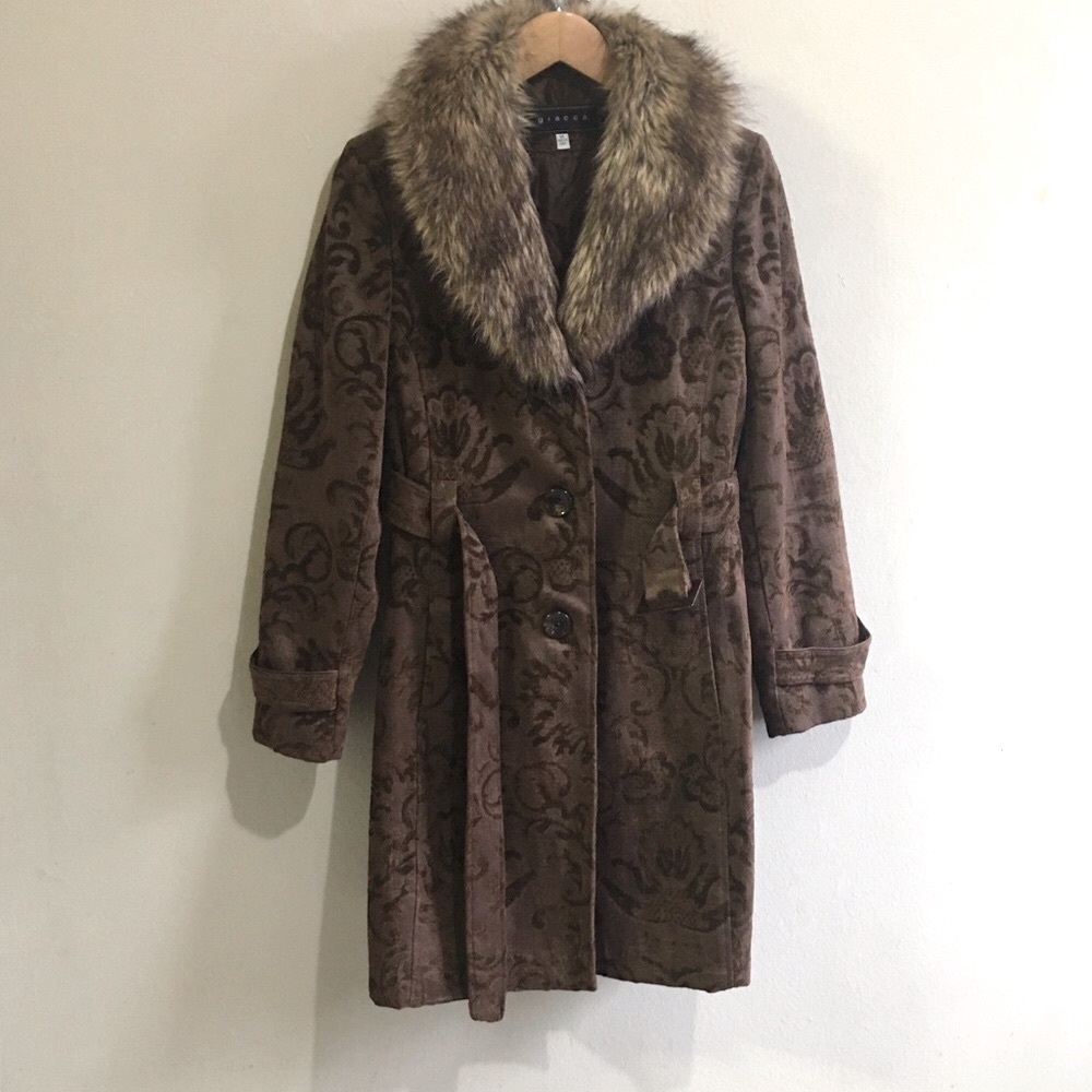 Giacca Tapestry Faux Fur Collar Coat